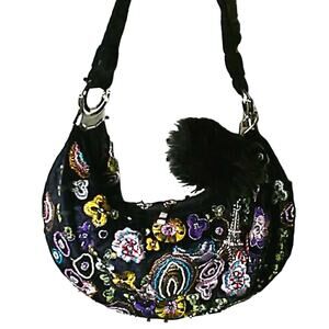 Vintage Beaded Velvet Baguette Purse  Crescent Black Embroidoered Paris Charm